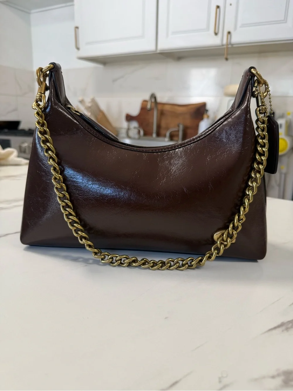 Leather Shoulder Bag with Gold Chain - Dark Brown